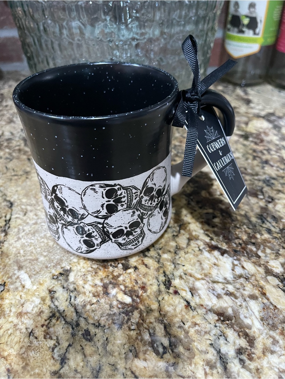 Cobwebs and Cauldrons black & white stoneware skulls design mug - Brand new!